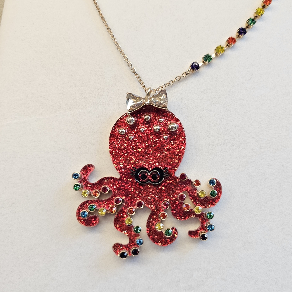 Betsey Johnson Red Glitter Octopus Necklace